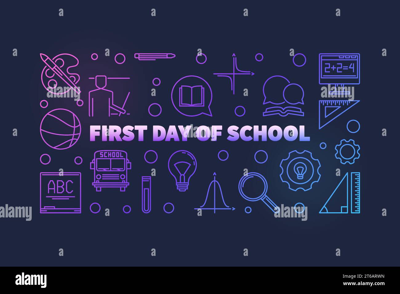 First Day of School vector colorful thin line horizontal illustration ...