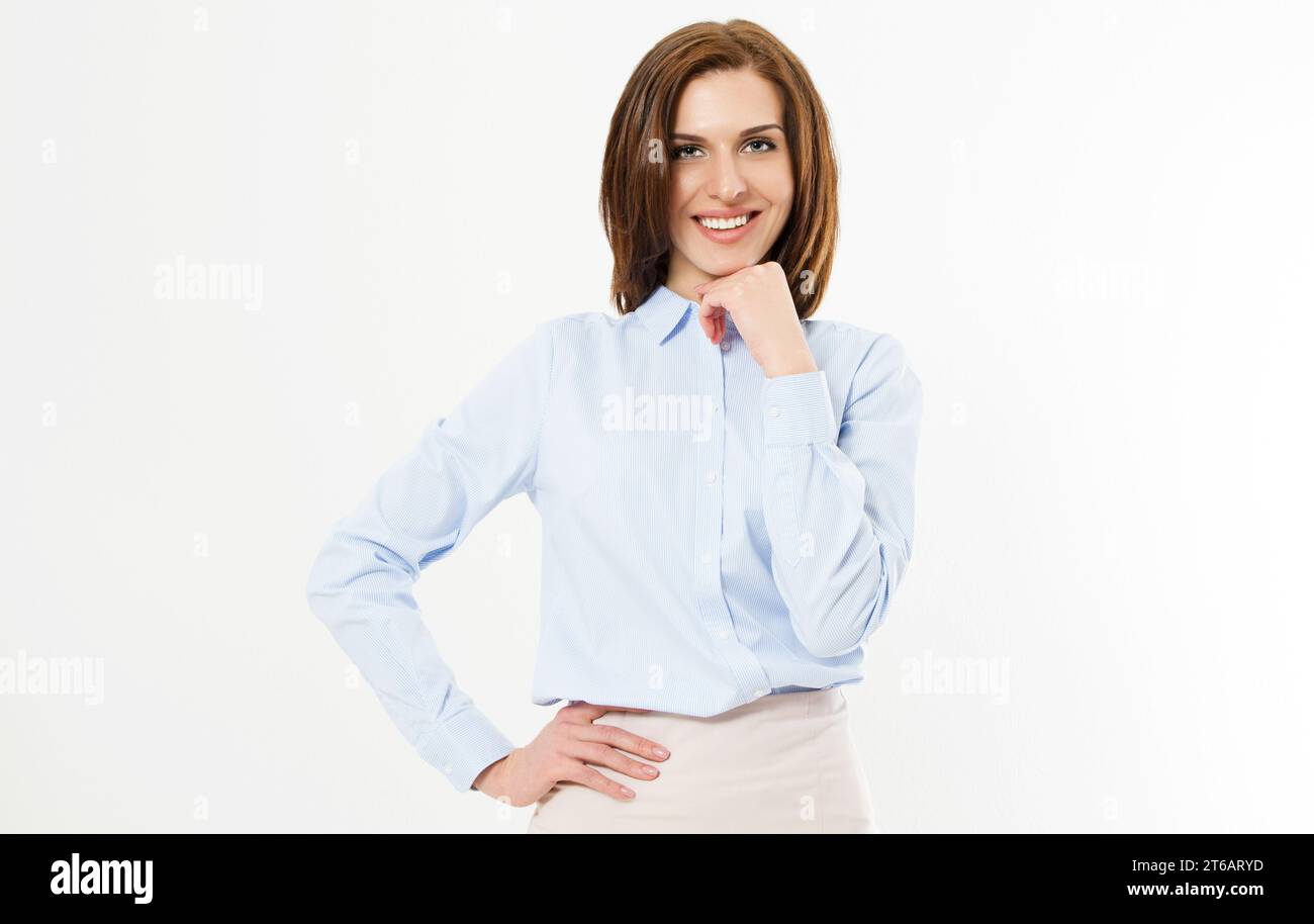 Confident young manager on white background - Isolated portrait of smiling business woman. Stock Photo