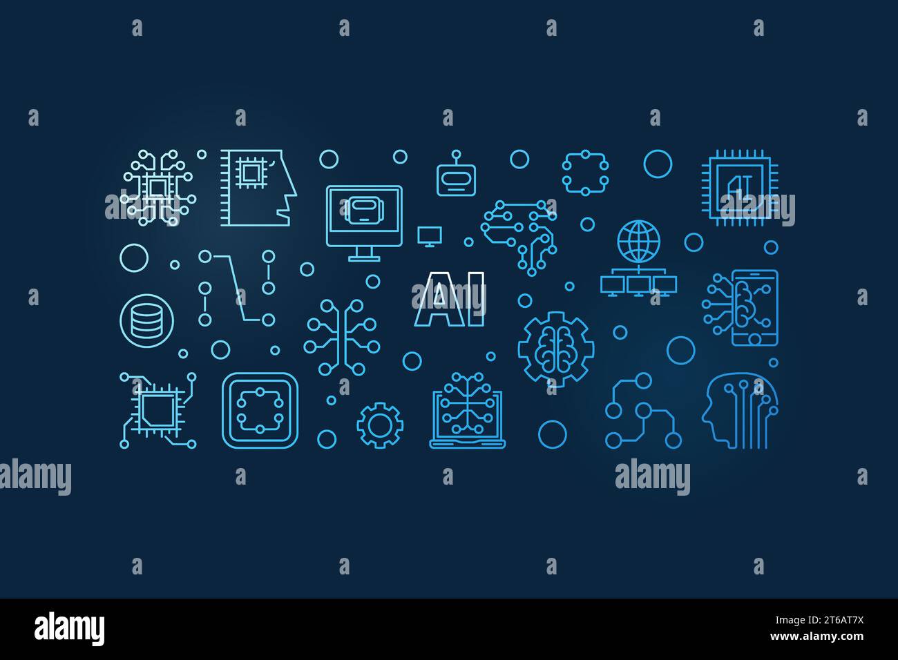 AI - Artificial Intelligence concept blue line horizontal banner. Vector illustration Stock Vector