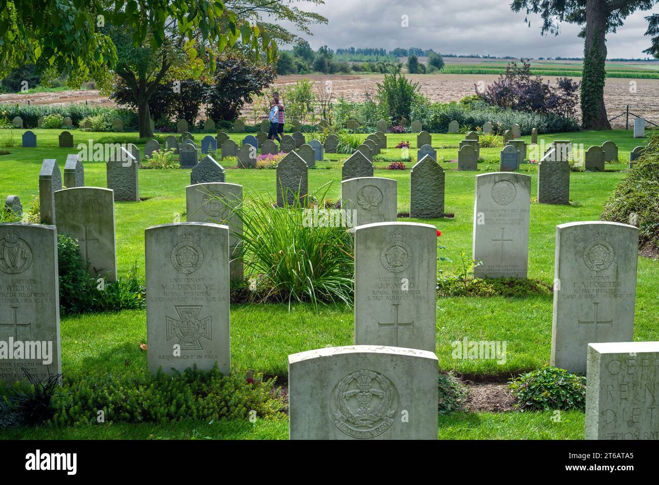 British WWI headstones at the St. Symphorien Military Cemetery, First World War One burial ground at Saint-Symphorien near Mons, Hainaut, Belgium Stock Photo