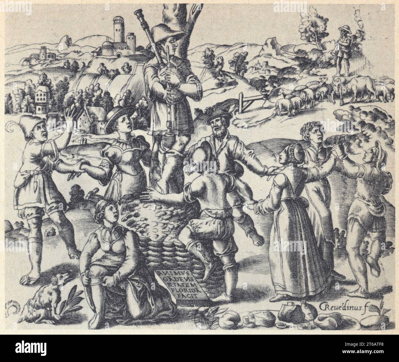 Paysans dansant le Branle. Gravure de Reverdy. XVI ème siècle. Stock Photo