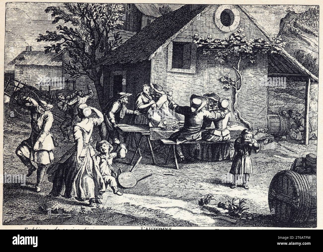 Bacchanale rustique. Les Réjouissances de la St-Martin .Gravure du XVII ème siècle Stock Photo