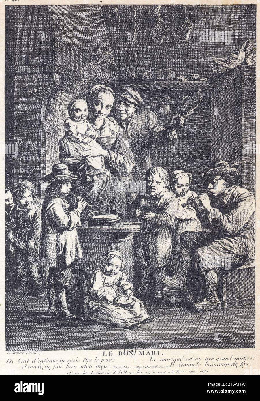Le bon mari. Gravure d'après D.Téniers.1735 Stock Photo