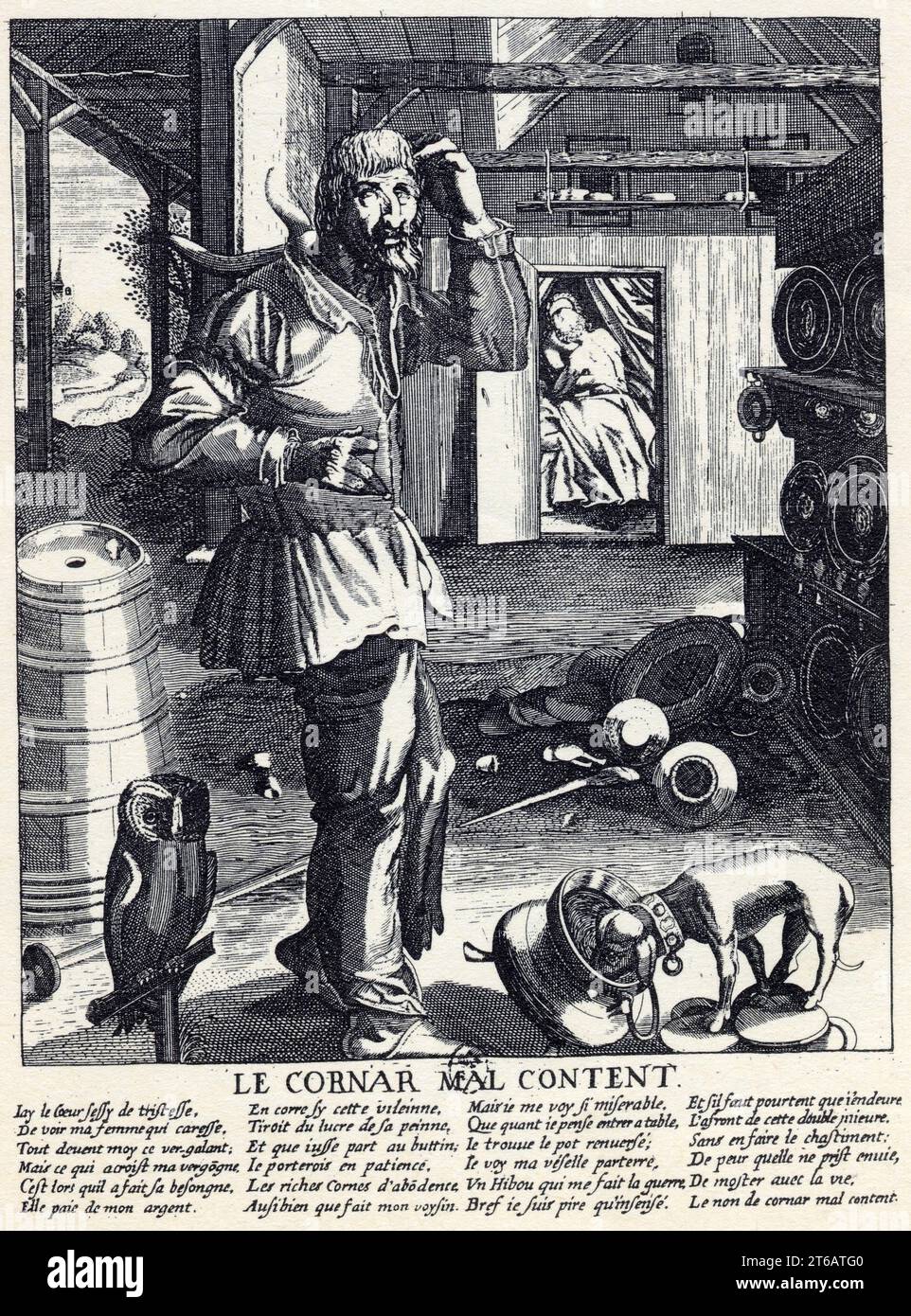 Le Cornard malcontent. Gravure du XVII ème siècle. Stock Photo