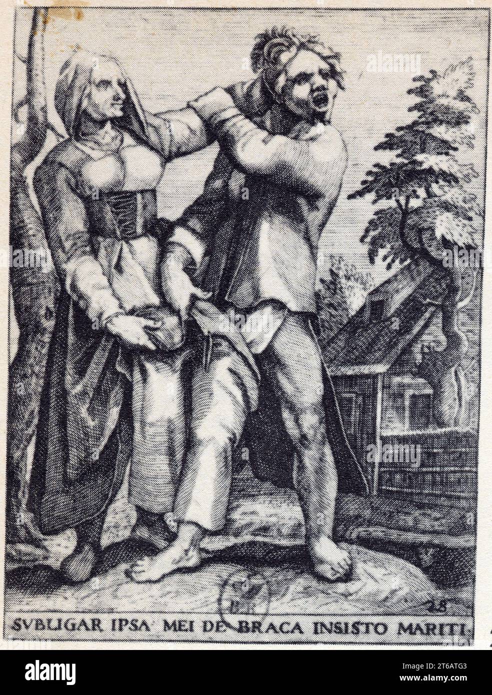 En guise de caleçons, j'enfile les chausses de mon mari. Gravure de Crispin Du Pas. XVII ème siècle. Stock Photo