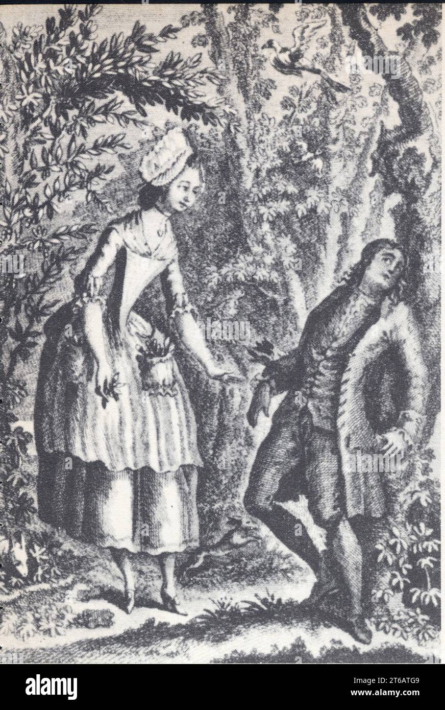 L'amoureux timide, Nicolas Rétif et Jeannette Rousseau. Gravure de Binet pour Les Contemporaines Stock Photo