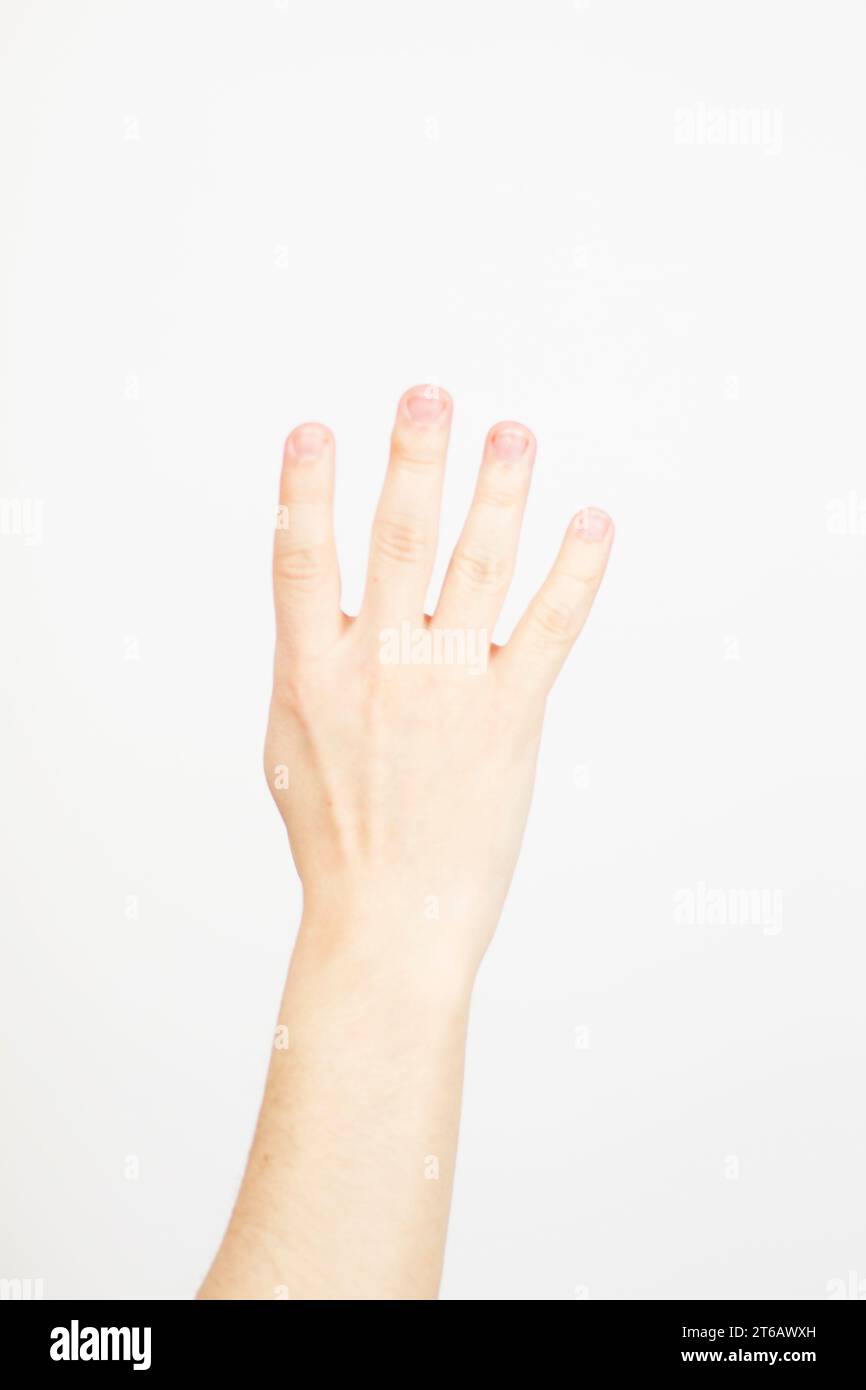 hand showing number four on white background, closeup. Sign language ...
