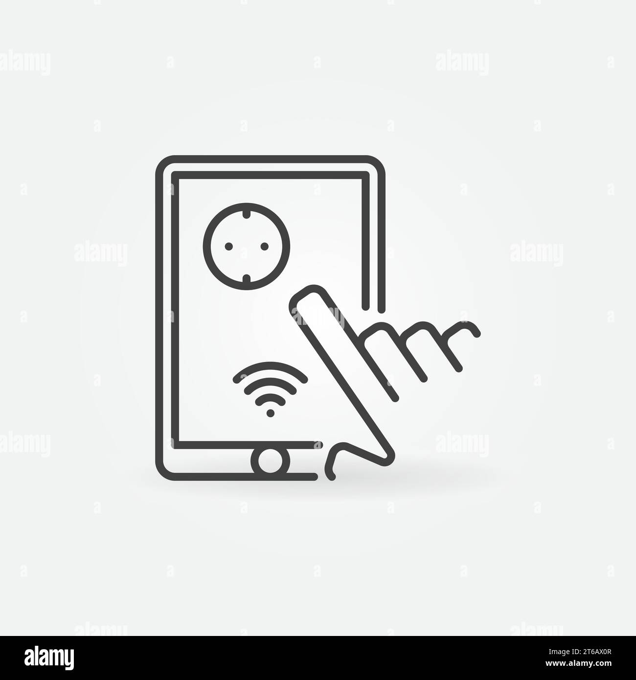 Hand with tablet and smart socket vector concept outline icon or symbol Stock Vector