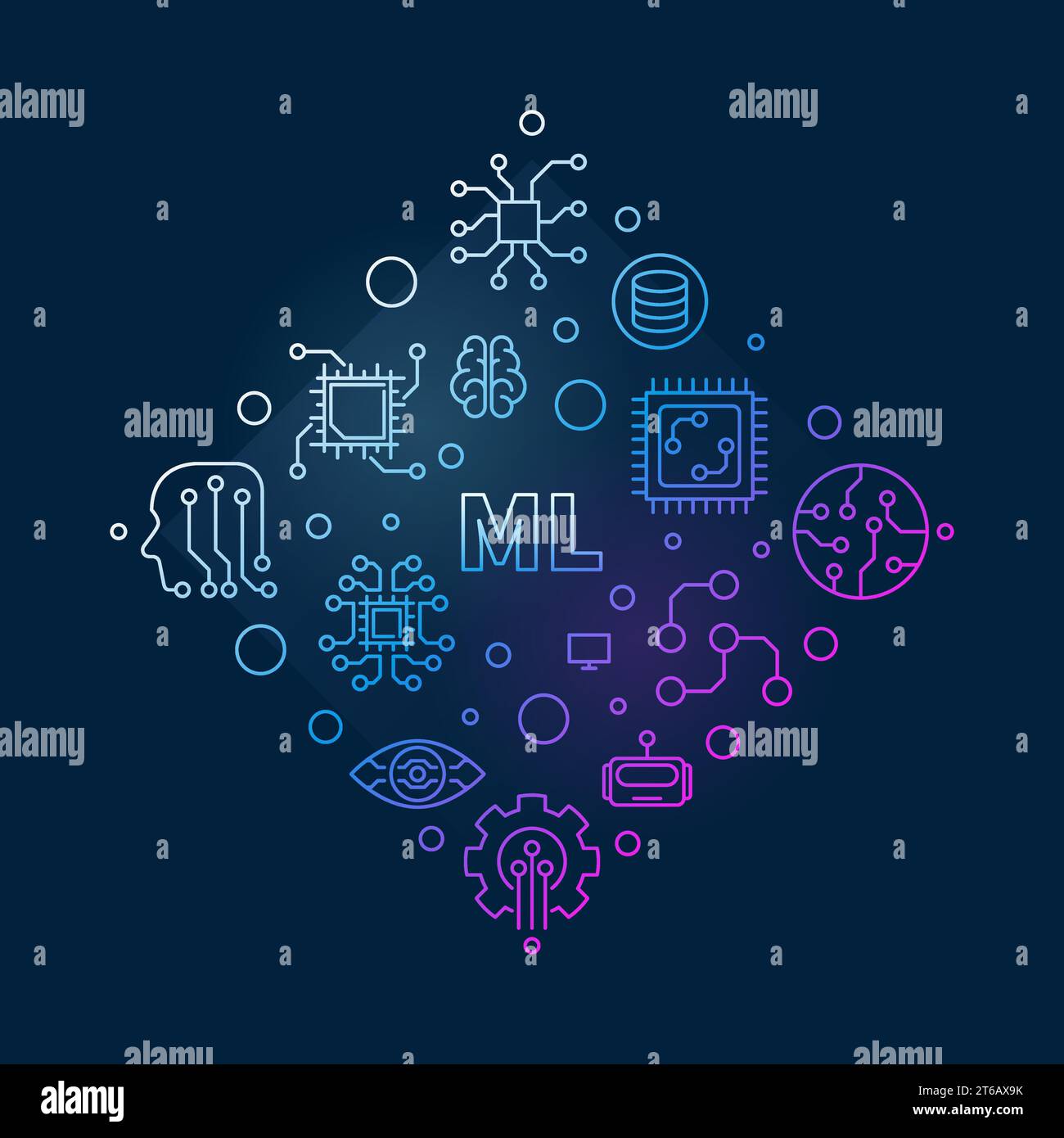 ML - Machine Learning concept vector colored line circular illustration on dark background Stock Vector