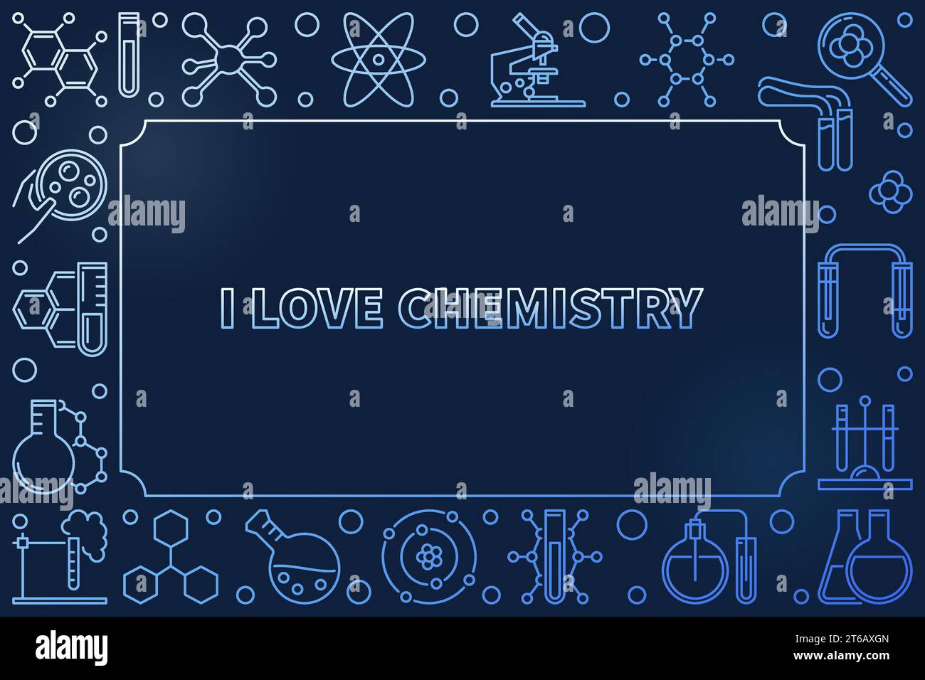 I Love Chemistry blue vector horizontal illustration in thin line style with empty space for your text on dark background Stock Vector