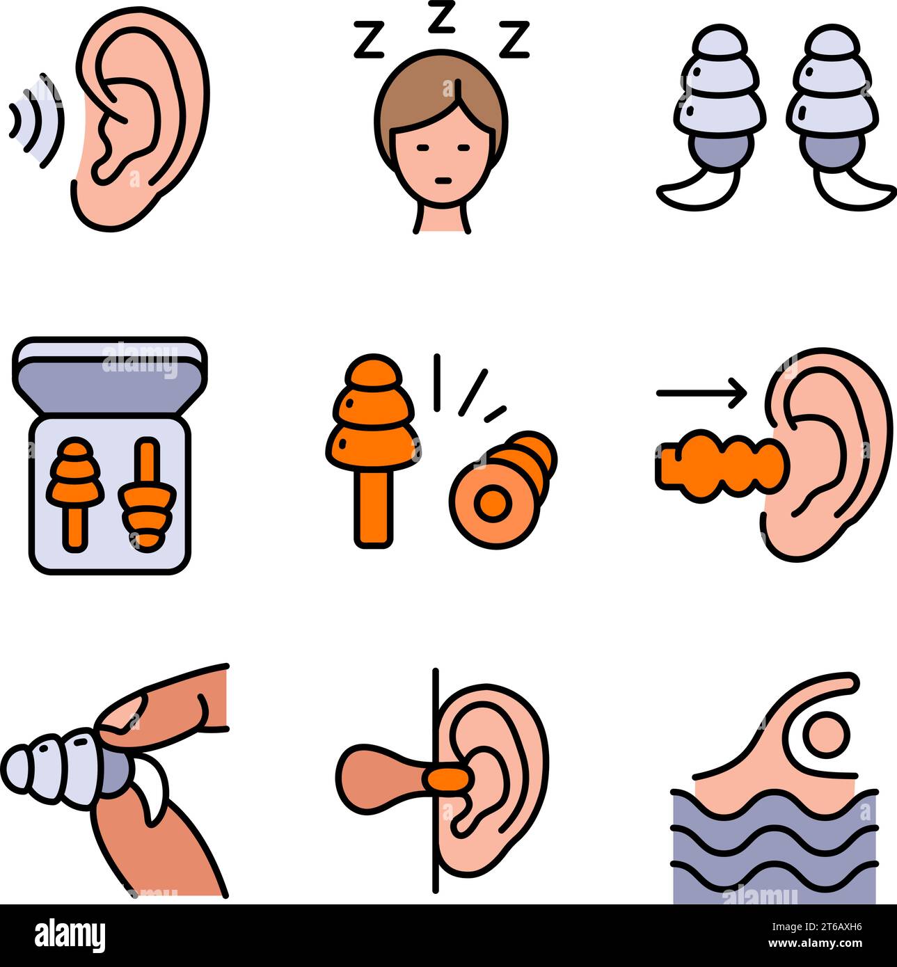 Earplugs color icons set. Care device. Ear protection. Vector signs