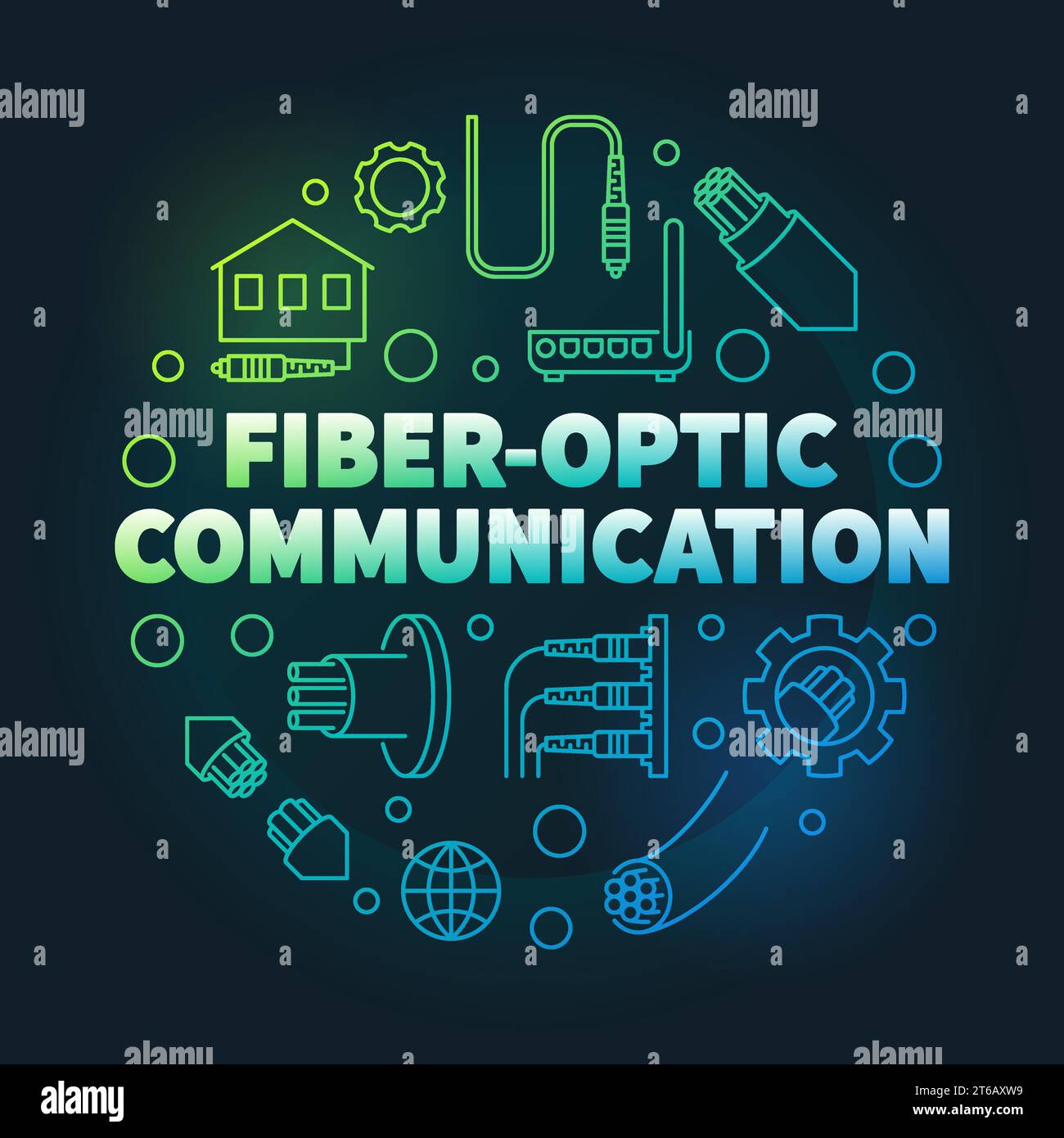 Fiber-optic Communication round vector colorful linear illustration on dark background Stock Vector