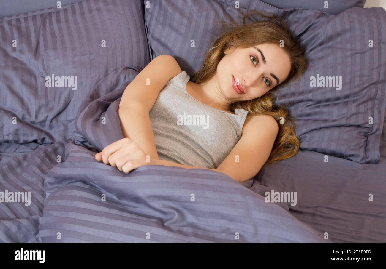 Cute beautiful, woman waking up fully rested. Good sleep girl Stock ...