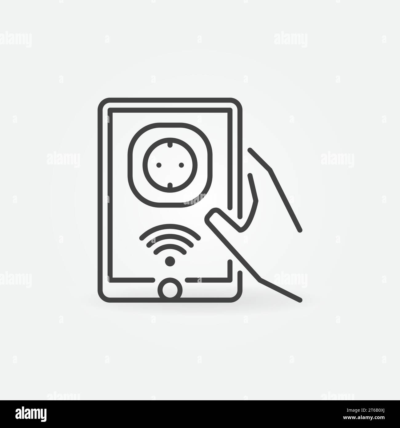 Hand holding tablet with smart socket vector outline icon Stock Vector