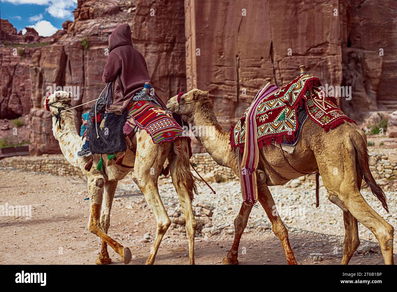 Tourists riding camels ride along the Siq Canyon and explore the attractions of the city of Petra, Jordan Stock Photo