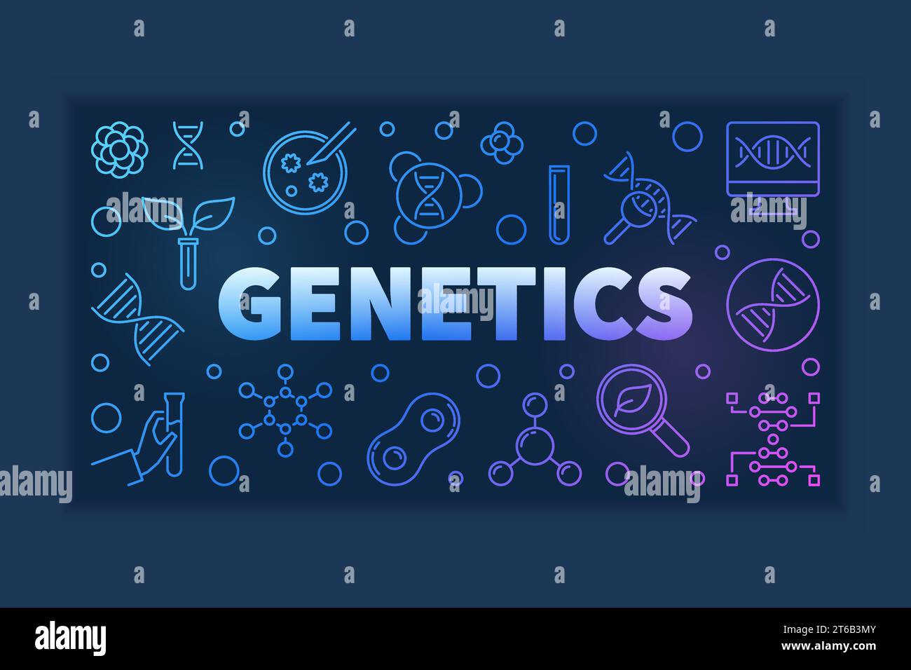 Genetics colorful outline horizontal banner on dark background. Vector ...