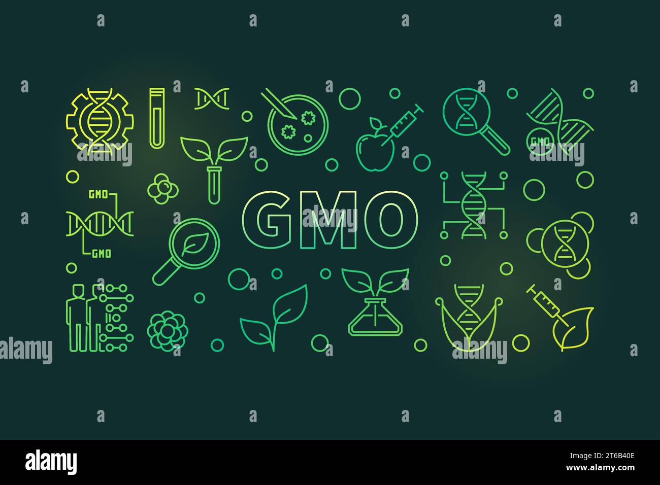 GMO concept vector colorful outline horizontal illustration or banner on dark background Stock Vector