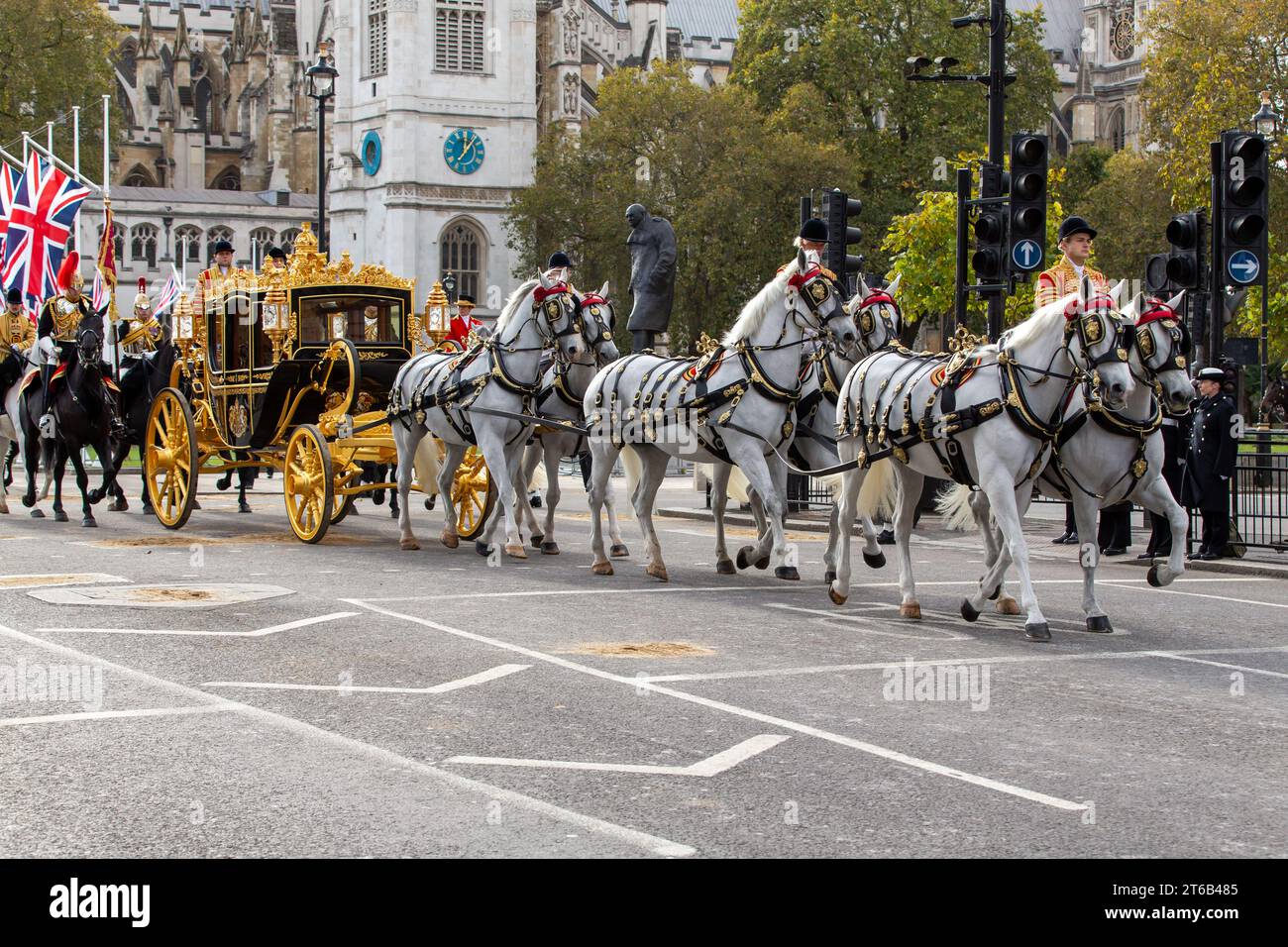 London, UK. 07th Nov, 2023. HM King Charles and Queen Camilla was driven along Whitehall for the State Opening of Parliament where Stock Photo