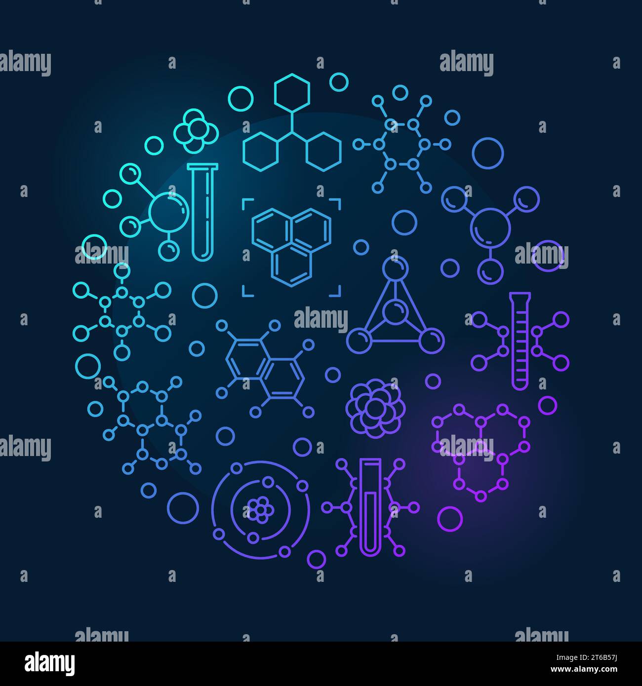 Molecule vector round colorful outline illustration on dark background Stock Vector