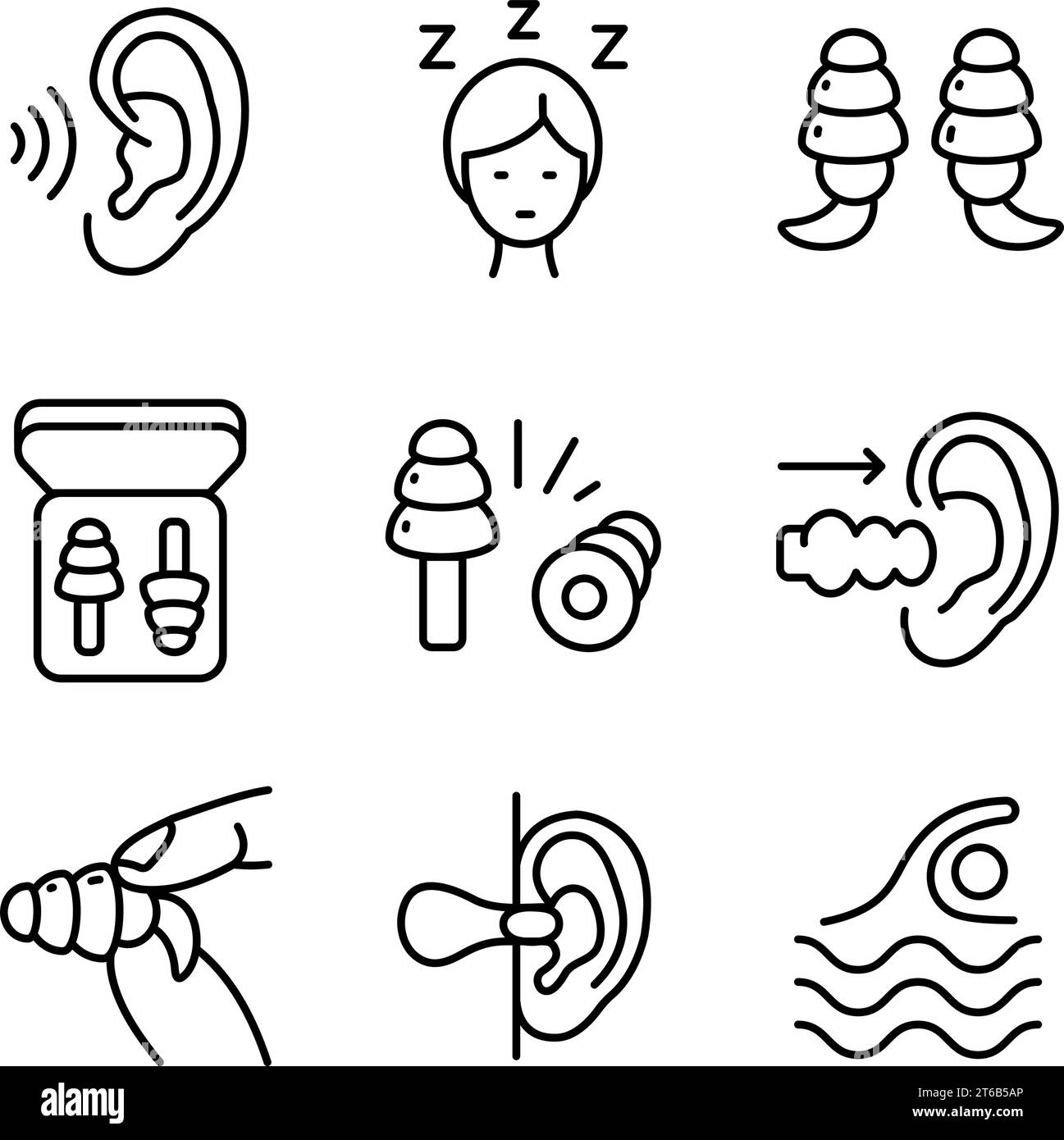 Earplugs outline icons set. Care device. Ear protection. Vector signs isolated on white. Earplug