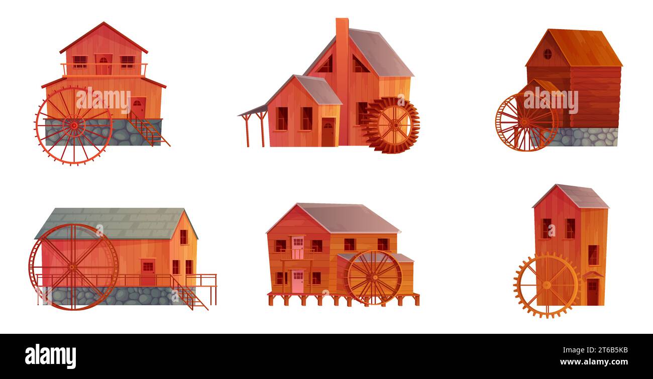 Water mills set vector illustration. Cartoon isolated Dutch vintage houses with waterwheel, old constructions to grind grain into flour for bakery using energy of falling river water, wooden buildings Stock Vector
