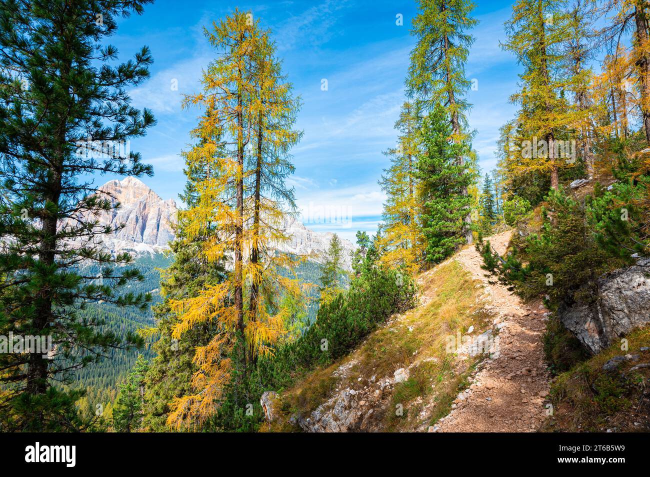 Hiking trail along a mountainside in the Dolomite Mountains Stock Photo