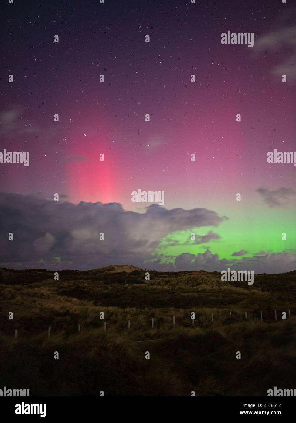Polar lights in pink and green colors seen northward from the coast of Holland Stock Photo