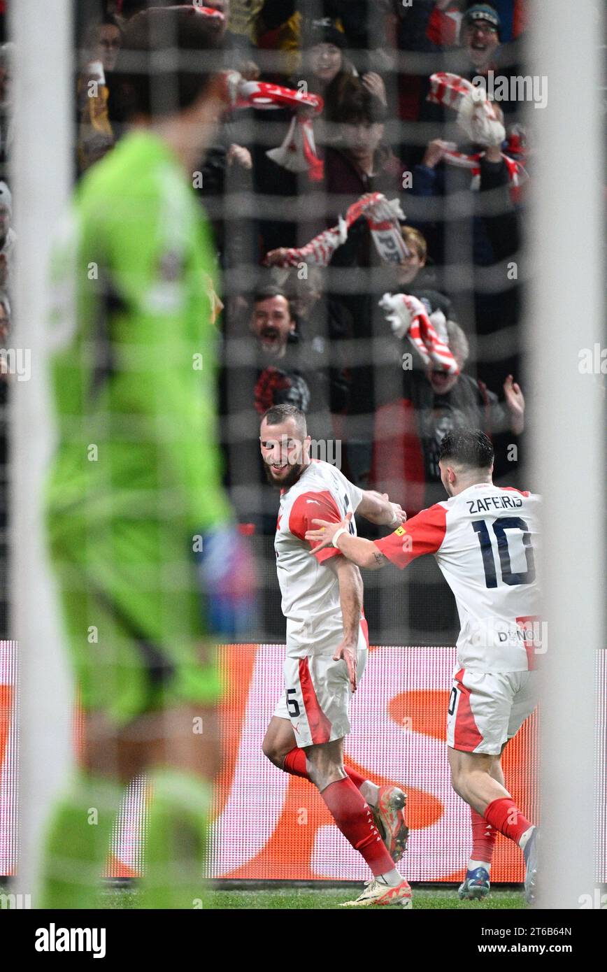 Prague, Czech Republic. 27th May, 2023. Vaclav Jurecka, soccer player of  Slavia scored four goals during the match Slavia Praha, vs 1. FC Slovacko  in Prague, Czech Republic, May 27, 2023. Jurecka celebrates goal. Credit:  Michal Krumphanzl/CTK Photo