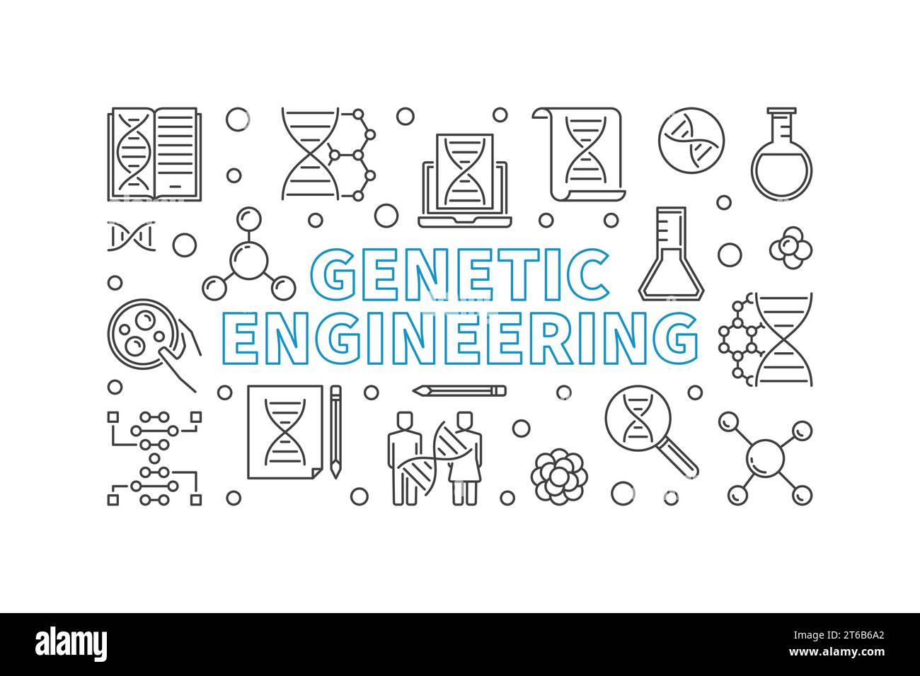 Genetic Engineering outline horizontal banner. Vector biotechnology concept linear illustration Stock Vector