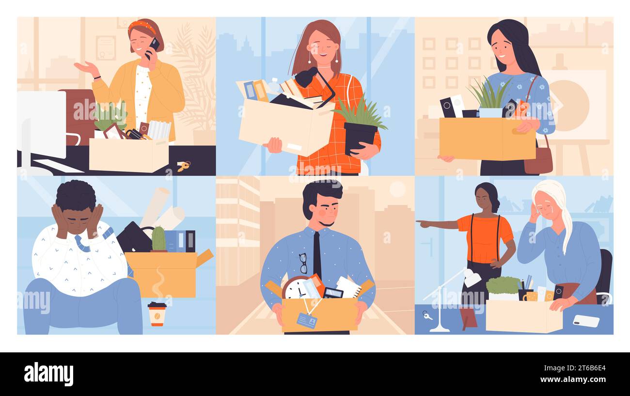 Dismissal from employment set vector illustration. Cartoon office layoff scenes with happy or sad employees carrying boxes with things, man and woman leave workplace at termination of contract Stock Vector