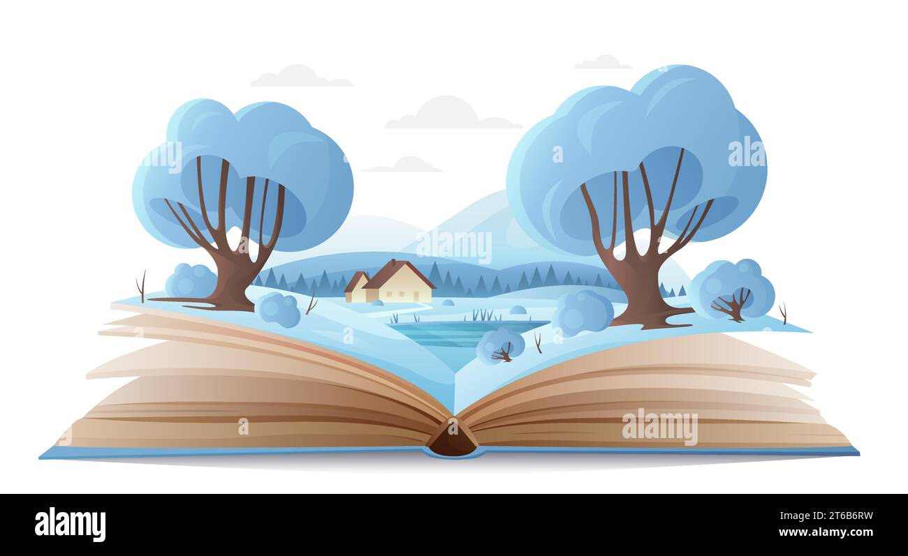 Christmas winter nature in open book vector illustration. Cartoon fairy tale winter scene and landscape on paper pages of storybook, mountain and house, forest trees with snow, cute fantasy world Stock Vector