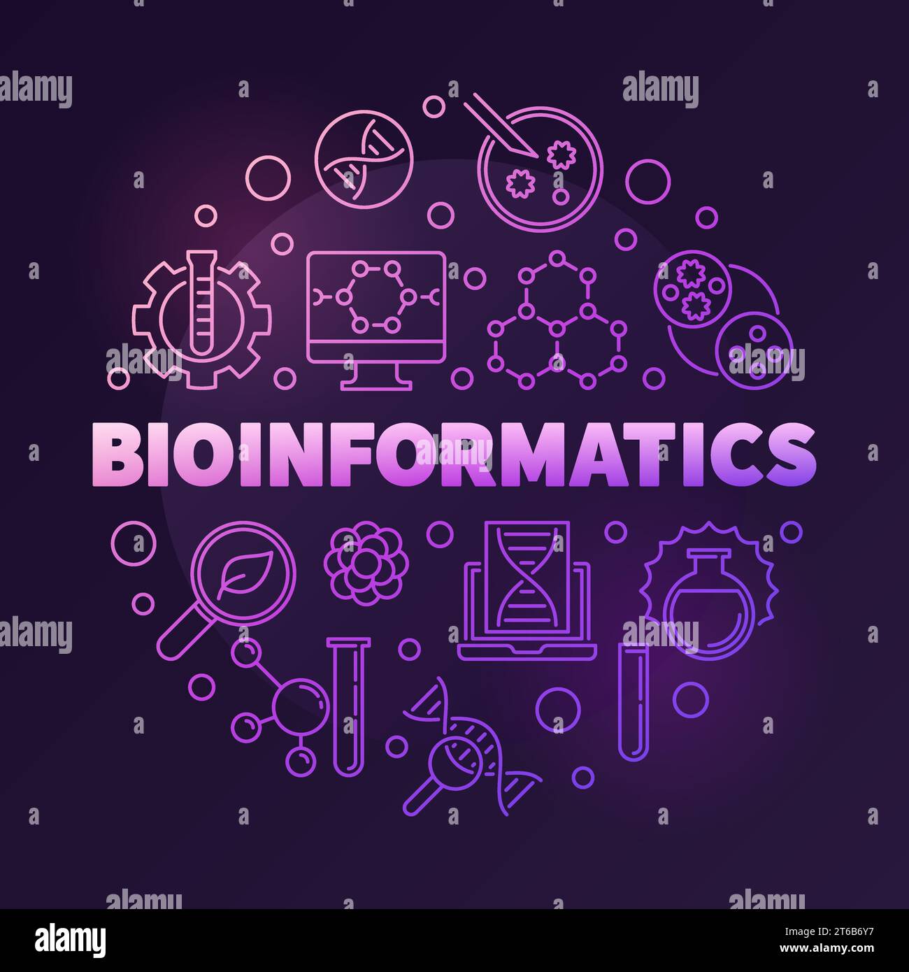 Bioinformatics vector round colorful illustration in outline style on ...