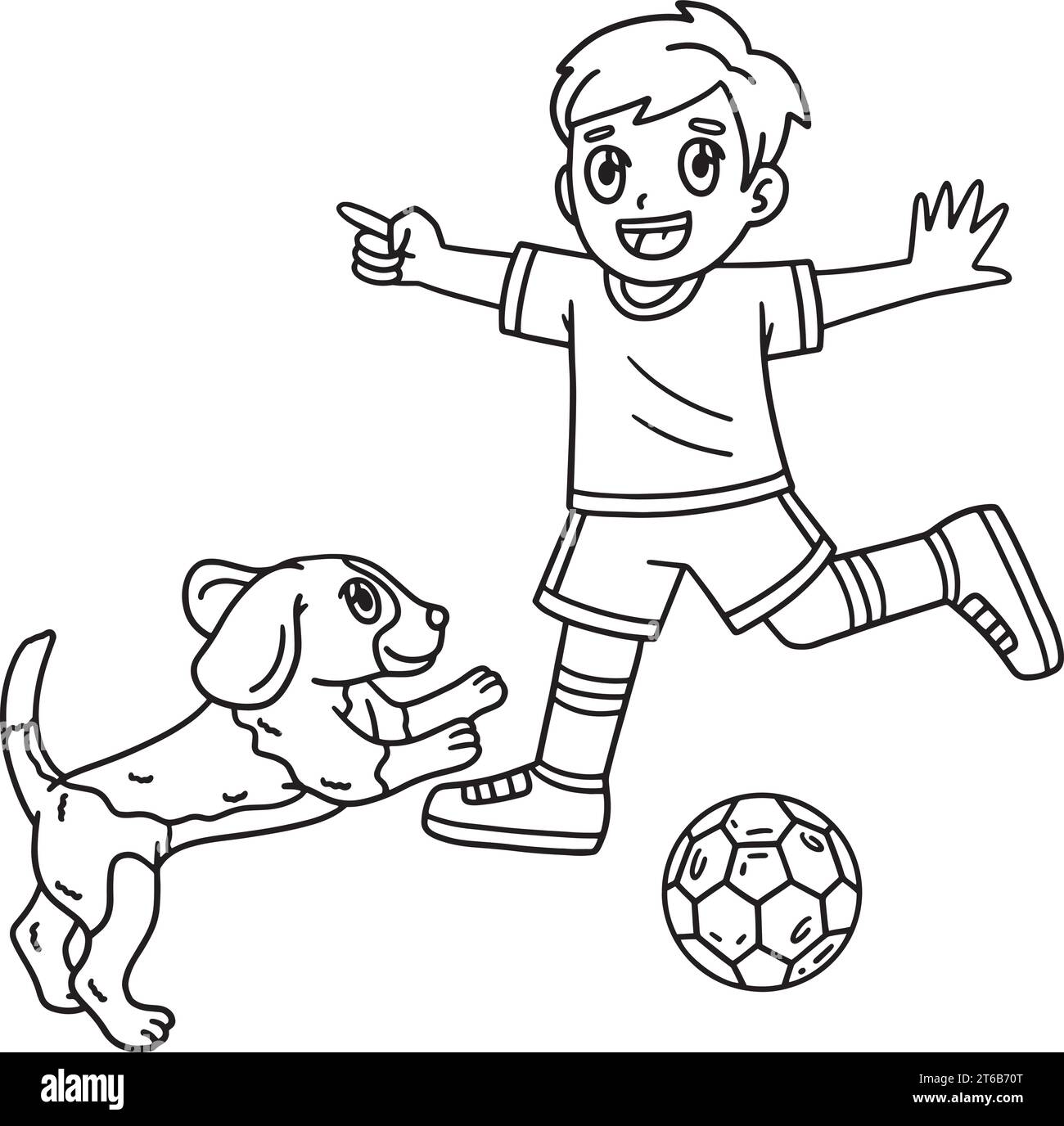 Boy and Dog Playing Soccer Isolated Coloring Page Stock Vector
