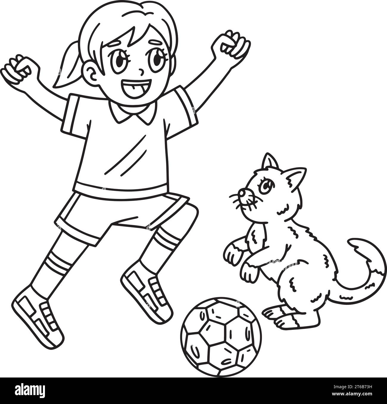 Girl and Cat Playing Soccer Isolated Coloring Page Stock Vector Image ...