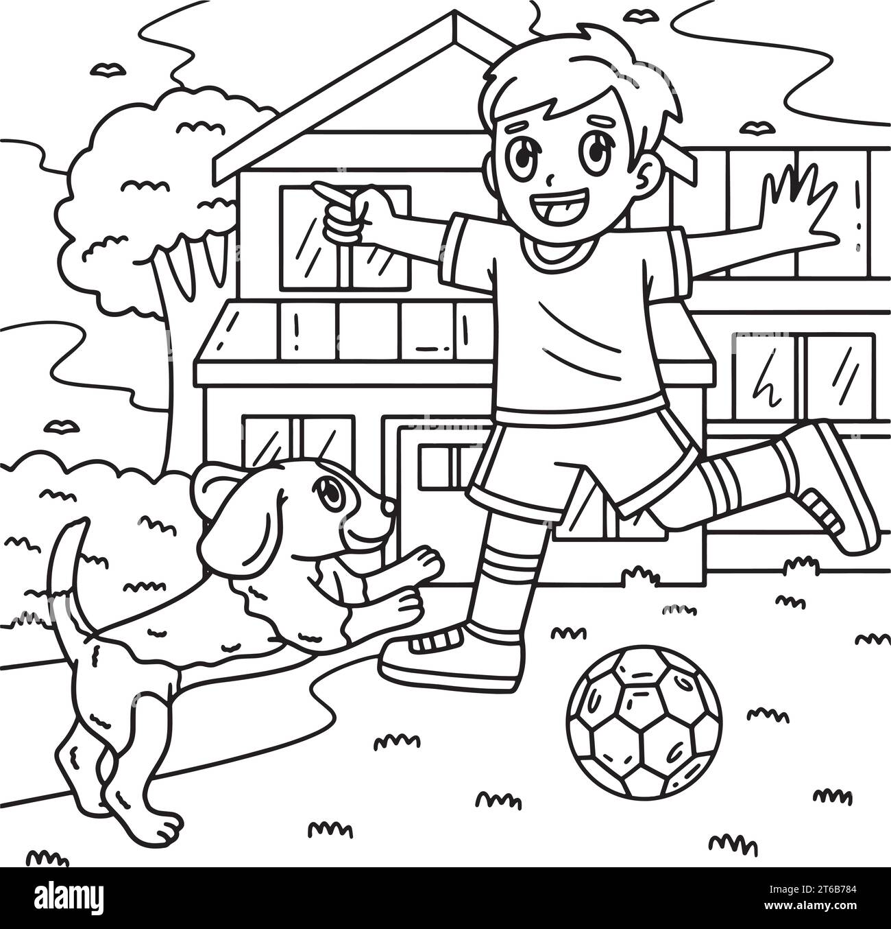 Boy and Dog Playing Soccer Coloring Page for Kids Stock Vector