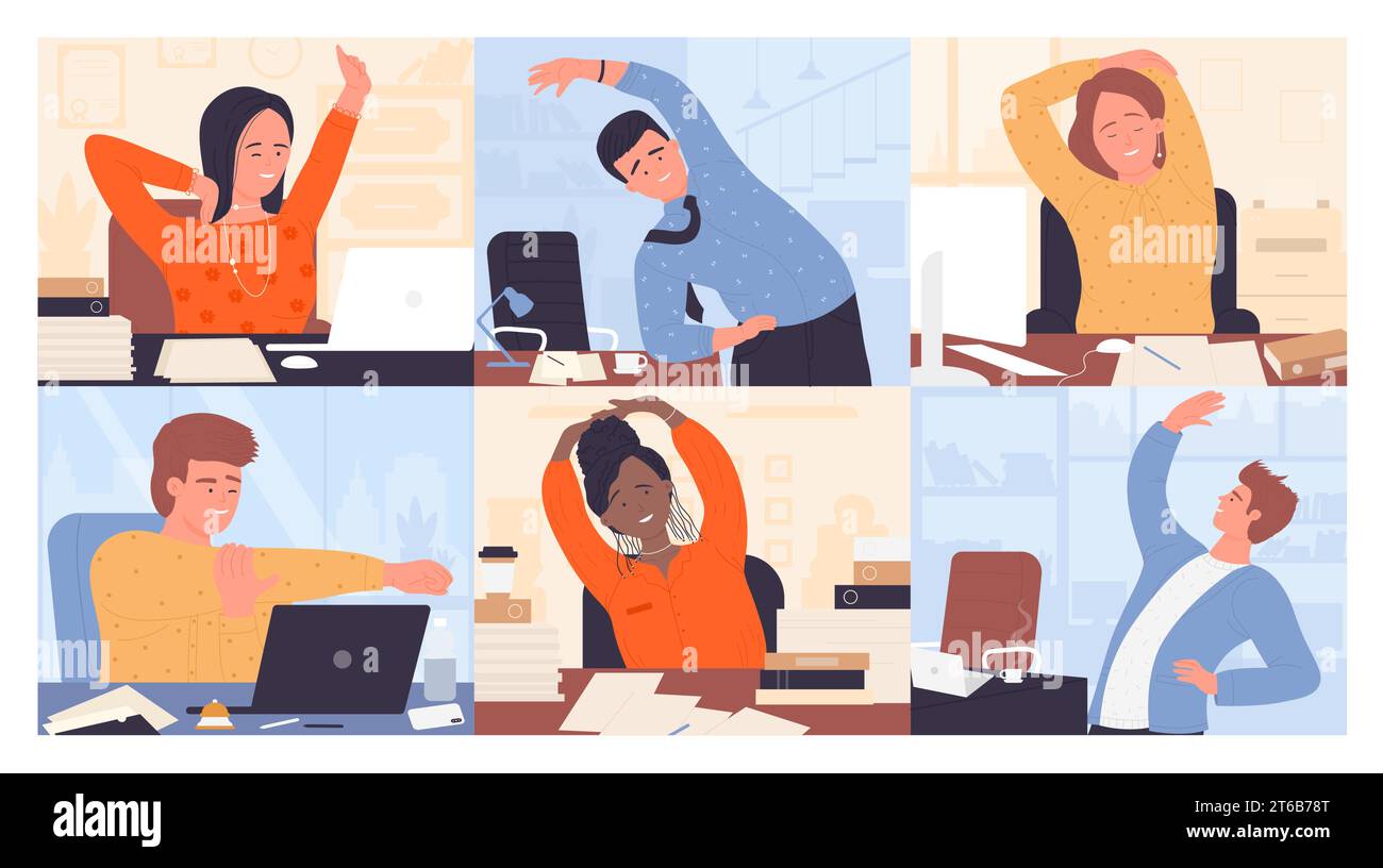 People stretching at workplace, office yoga set vector illustration
