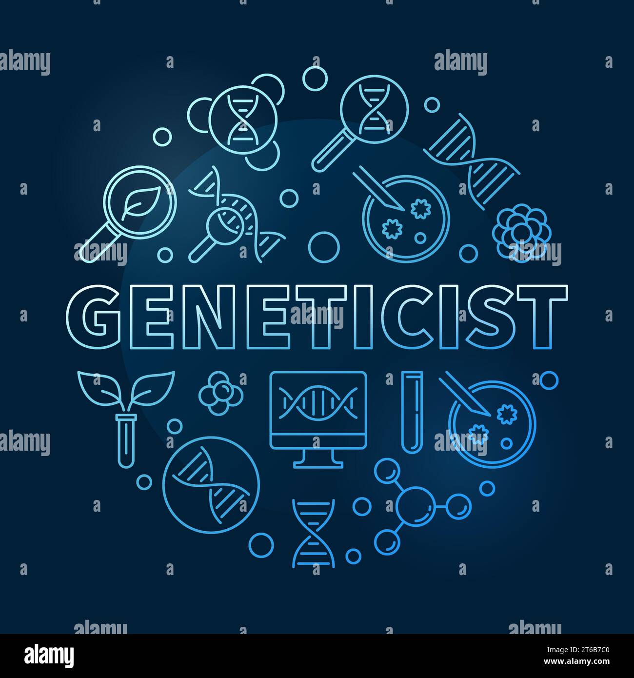 Geneticist vector concept blue round linear illustration on dark background Stock Vector