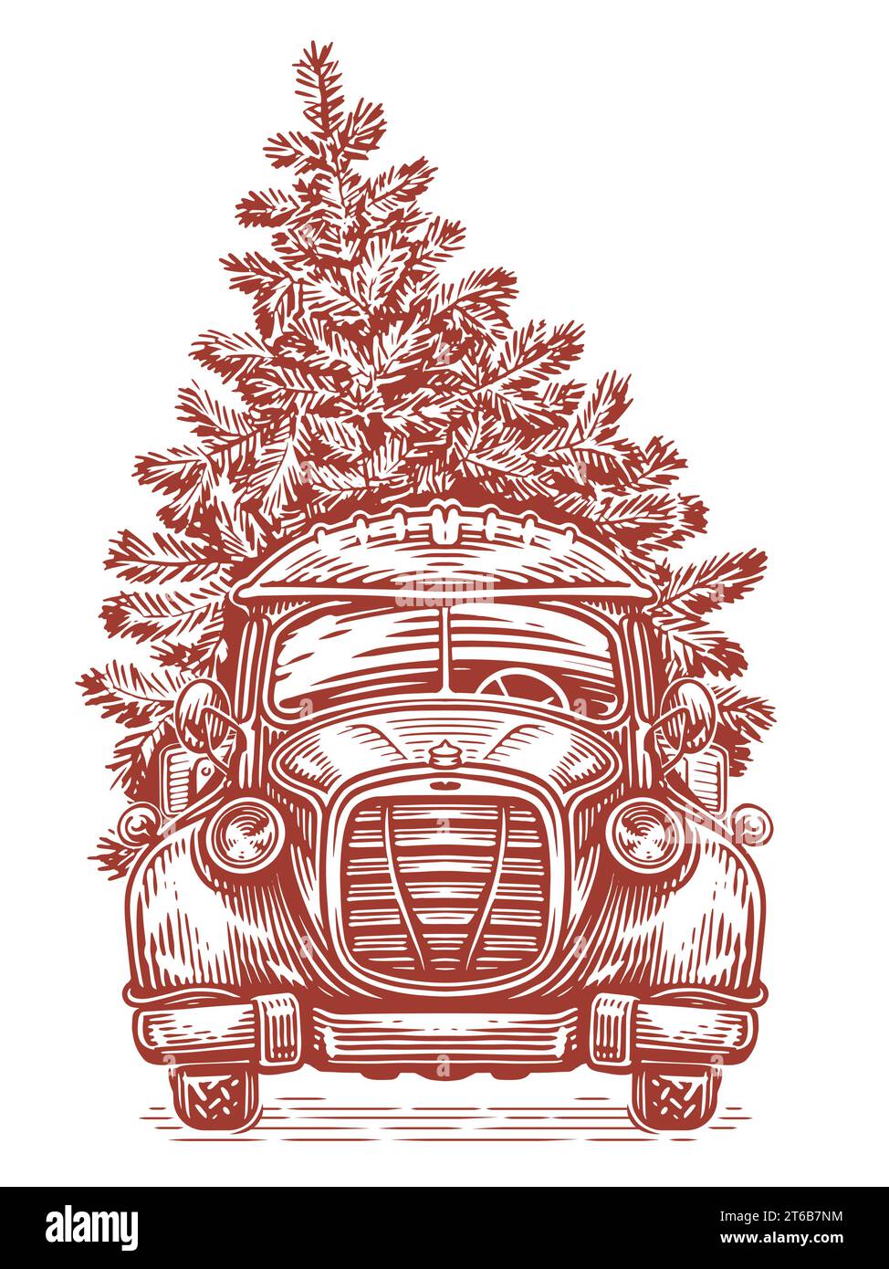 Vintage pickup truck and Christmas tree. Hand drawn sketch vector illustration engraving style Stock Vector
