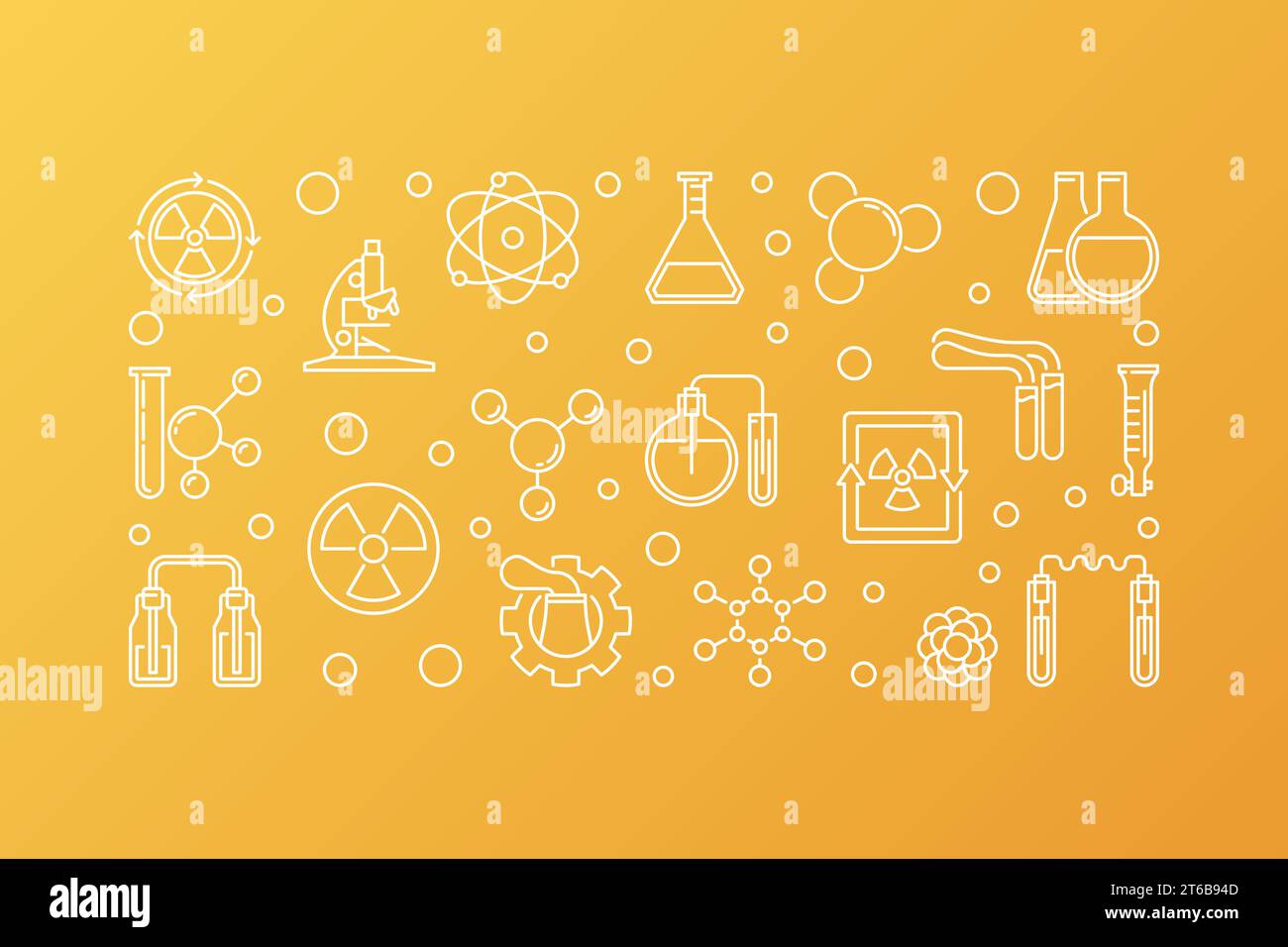 Nuclear Chemistry vector concept outline horizontal banner or illustration on yellow background Stock Vector