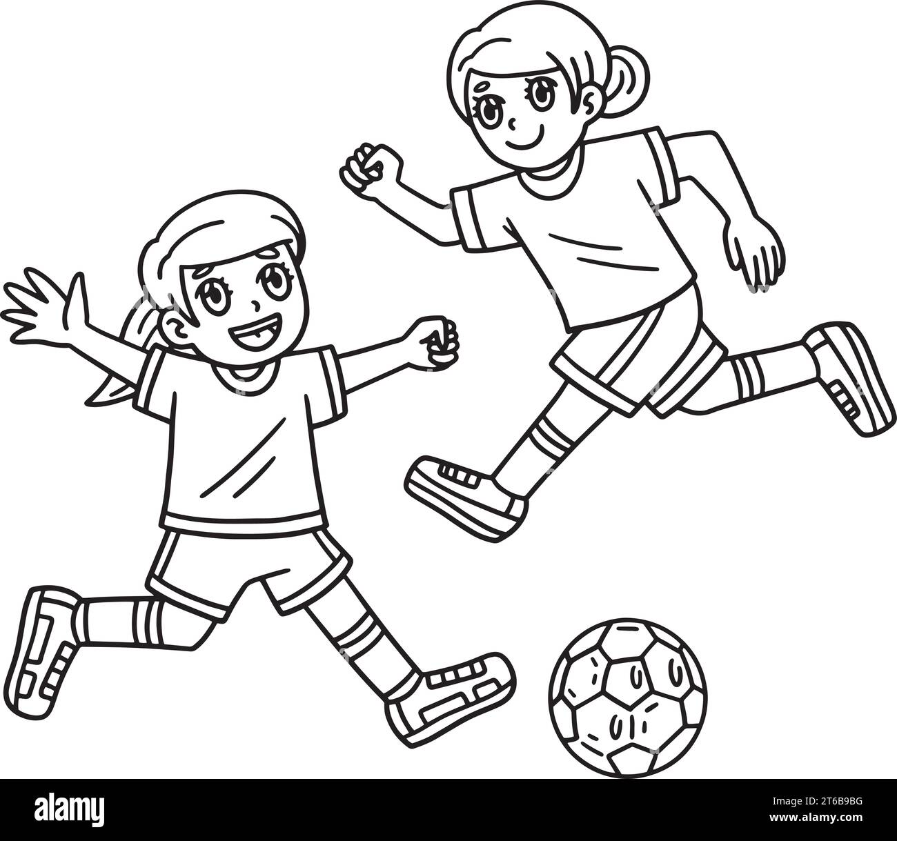 Girls Playing Soccer Isolated Coloring Page  Stock Vector