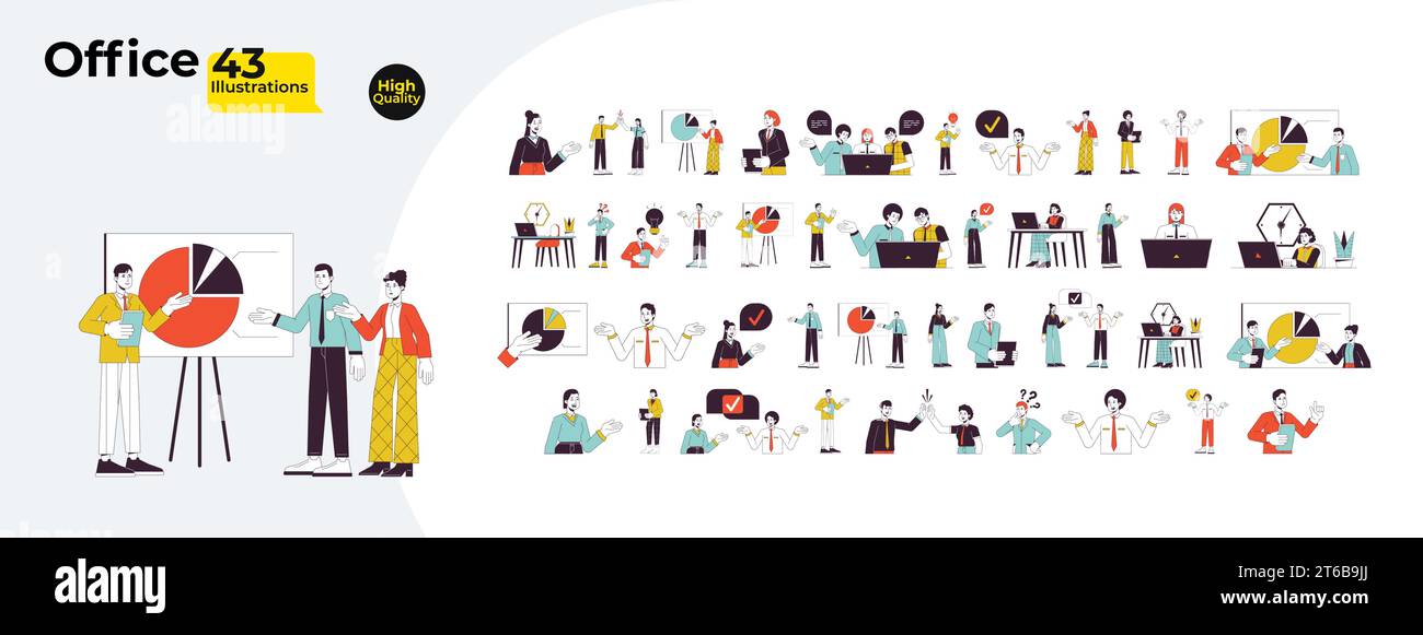 Multi-ethnic office workers line cartoon flat illustration bundle Stock Vector