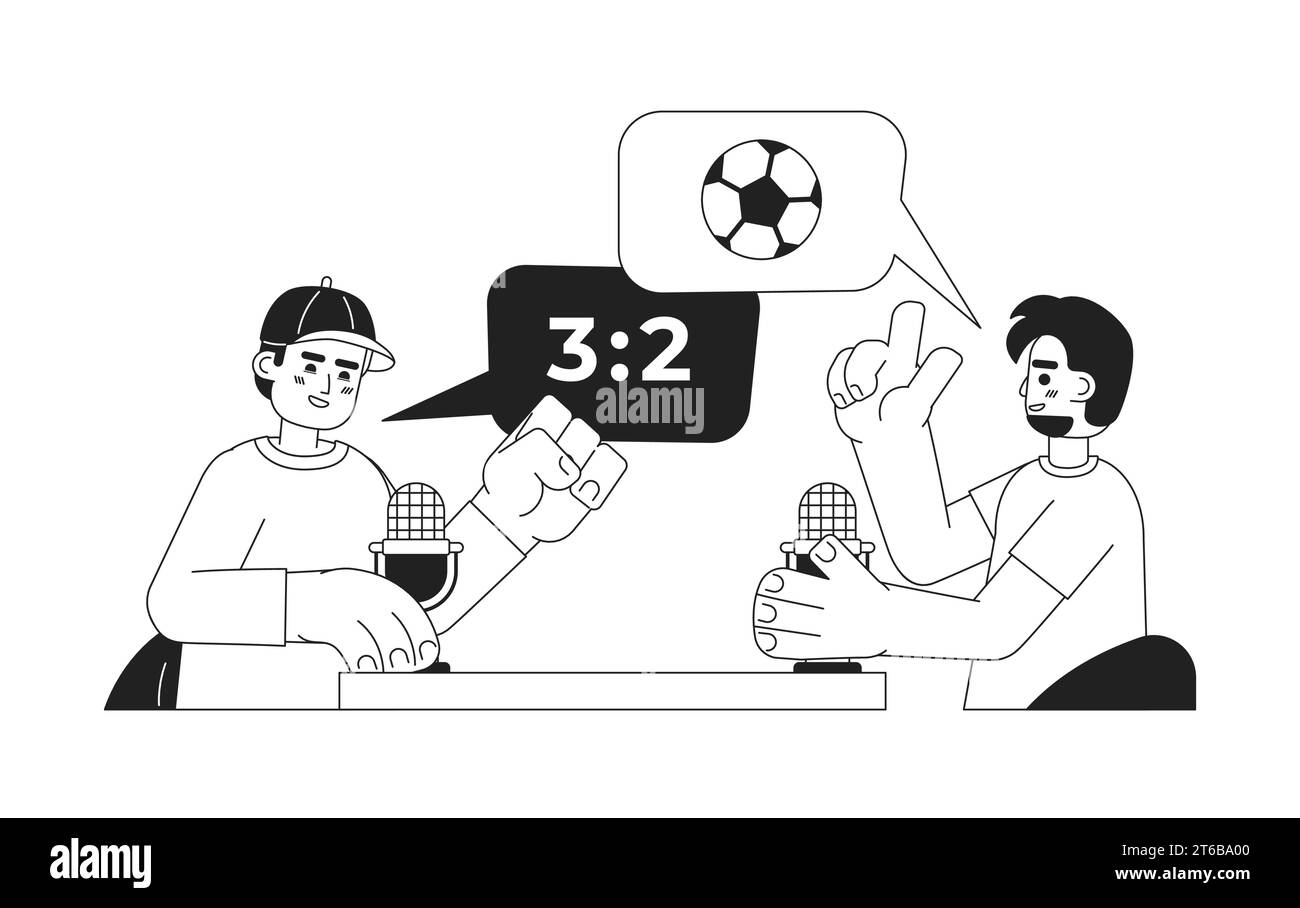 Soccer fans discussing match with microphones black and white 2D