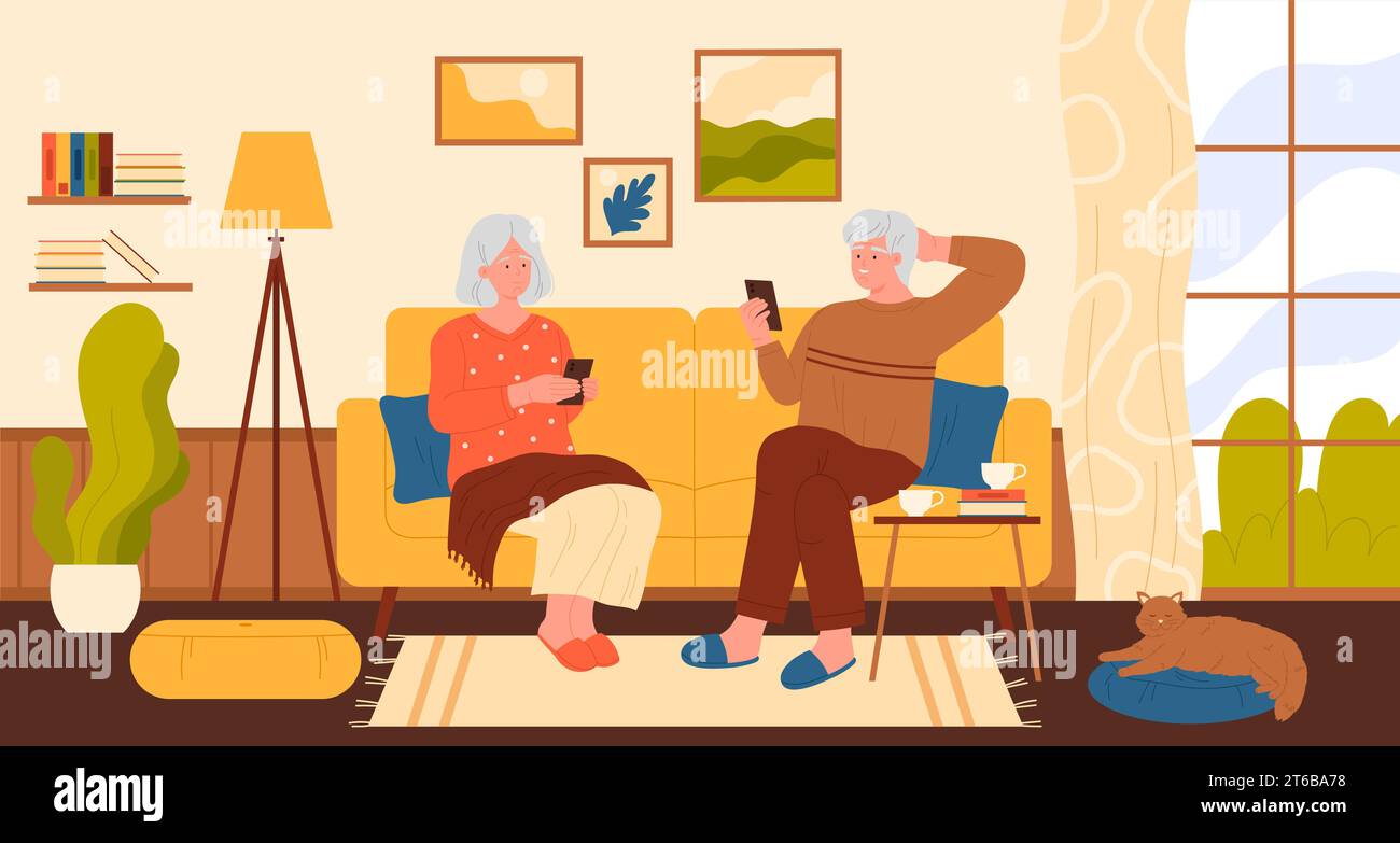 Senior couple sitting on home sofa with mobile phones vector illustration. Cartoon happy old family people scrolling social media channel, grandparents using smartphones in living room interior Stock Vector