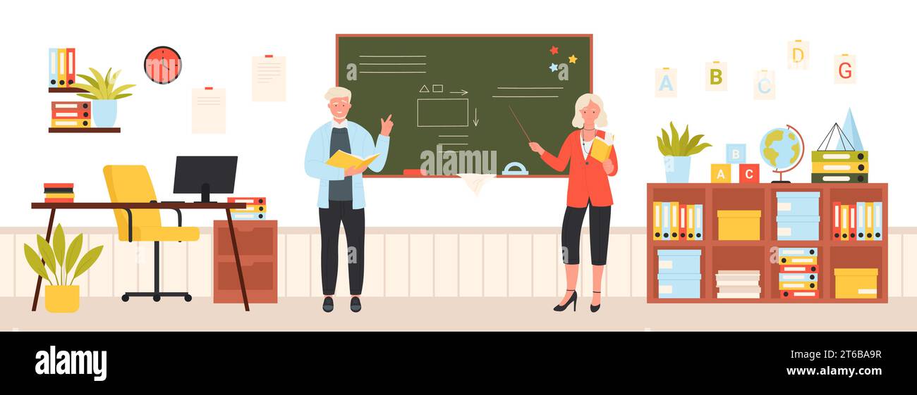 Cartoon adult female and male characters holding pointer and chalk to explain lesson in classroom and teach students, board presentation. School teachers at blackboards set vector illustration Stock Vector