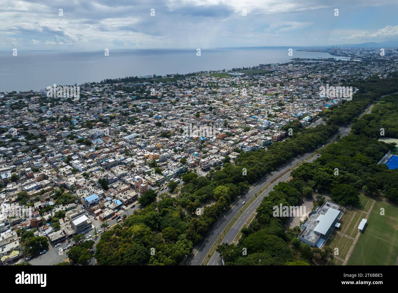Aerial view of the Santo Domingo, Capital Of Dominican Republic, its beautiful streets and buildings, la Fuente Centro de los Heroes, the Pabellón de Stock Photo