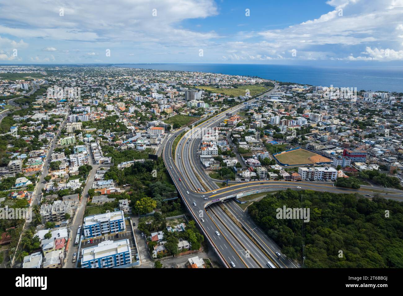 Aerial view of the Santo Domingo, Capital Of Dominican Republic, its beautiful streets and buildings, la Fuente Centro de los Heroes, the Pabellón de Stock Photo