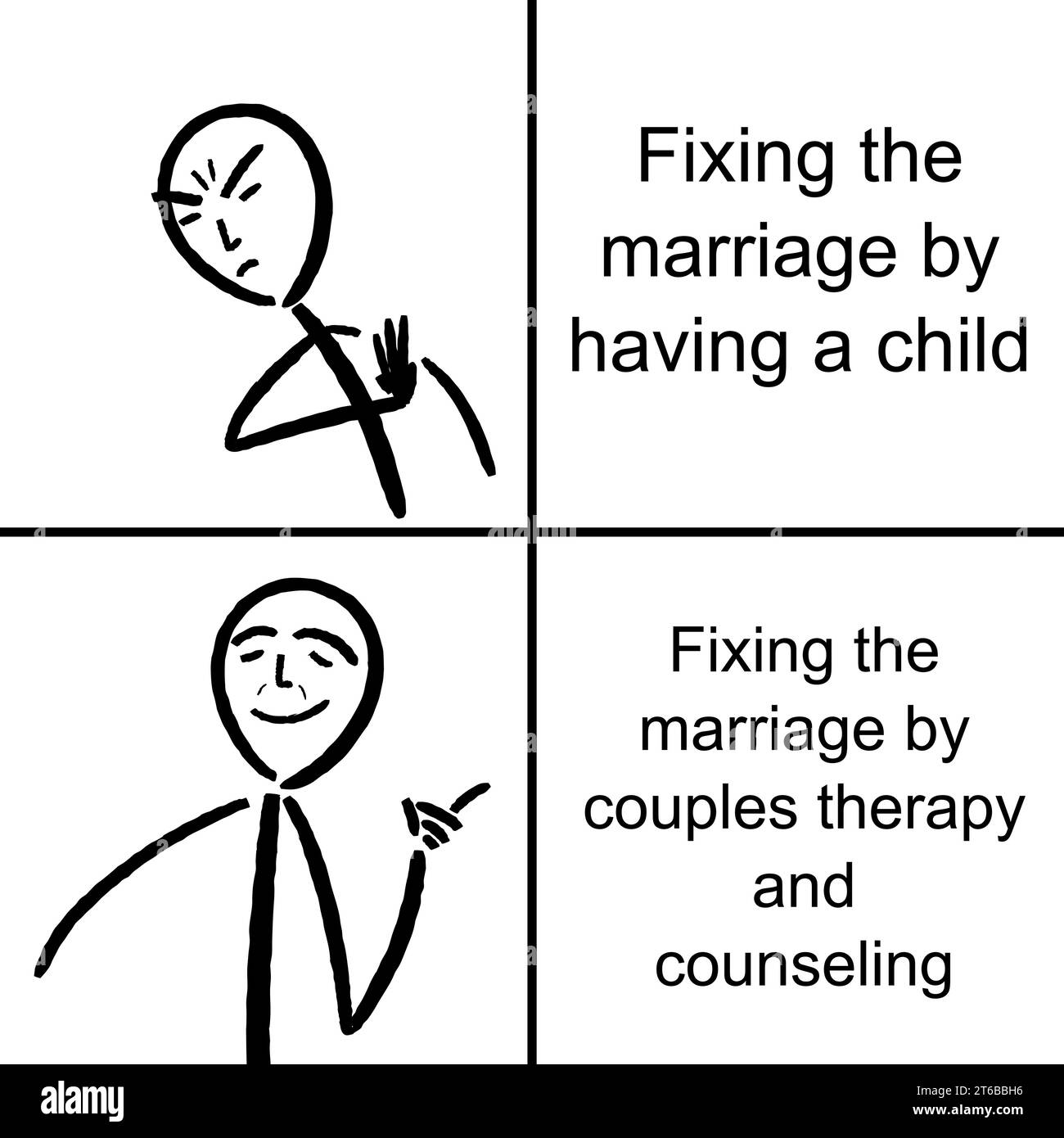 Fixing the marriage by having a child - relationship problem. Funny meme for social media sharing. Stock Vector
