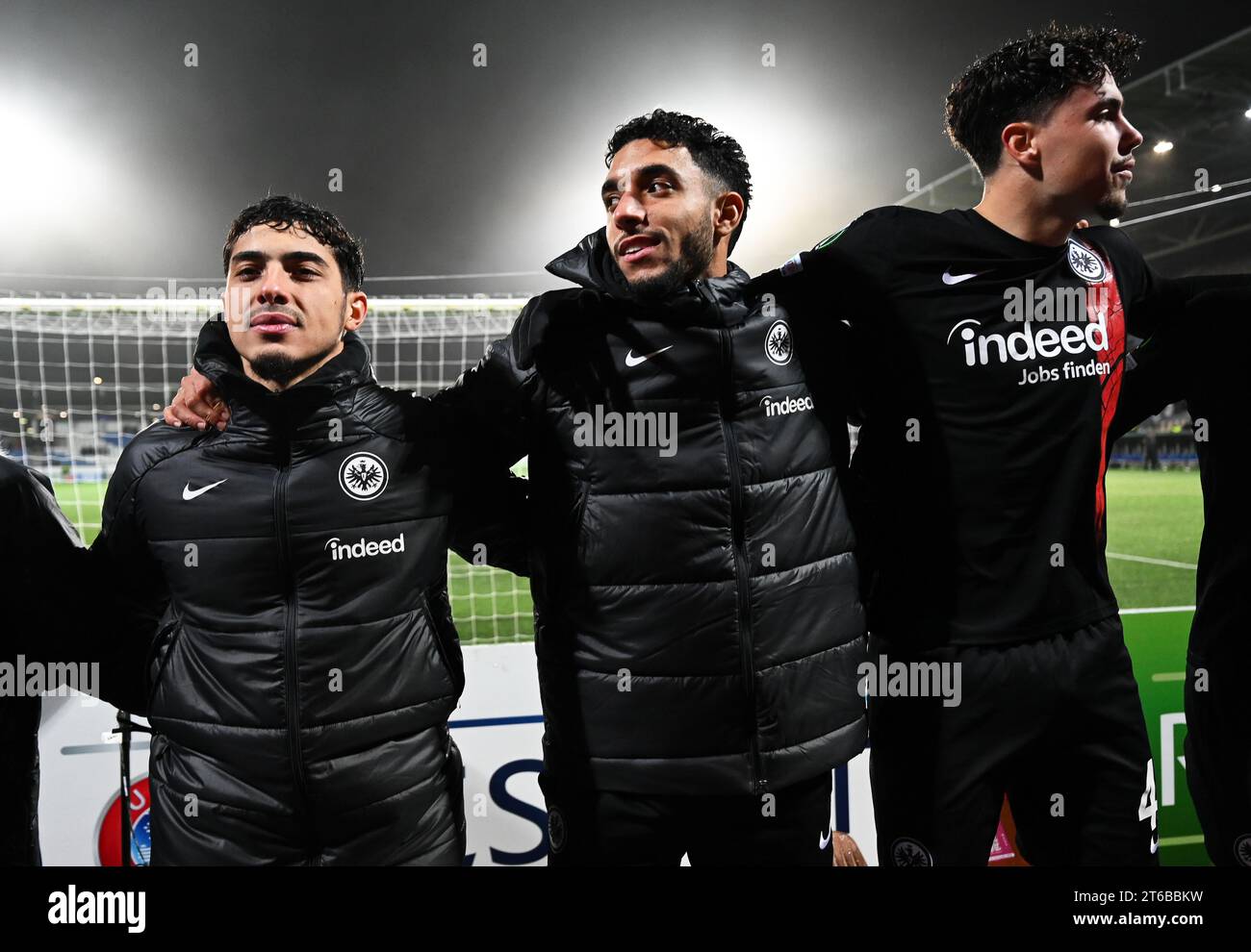 Helsinki, Finland. 09th Nov, 2023. Soccer: UEFA Europa Conference League, HJK Helsinki - Eintracht Frankfurt, group stage, Group G, matchday 4, at the Bolt Arena. Frankfurt players Farès Chaibi (l-r), Omar Marmoush and Nacho Ferri celebrate the 1:0 victory in front of the visitors' block. Credit: Arne Dedert/dpa/Alamy Live News Stock Photo