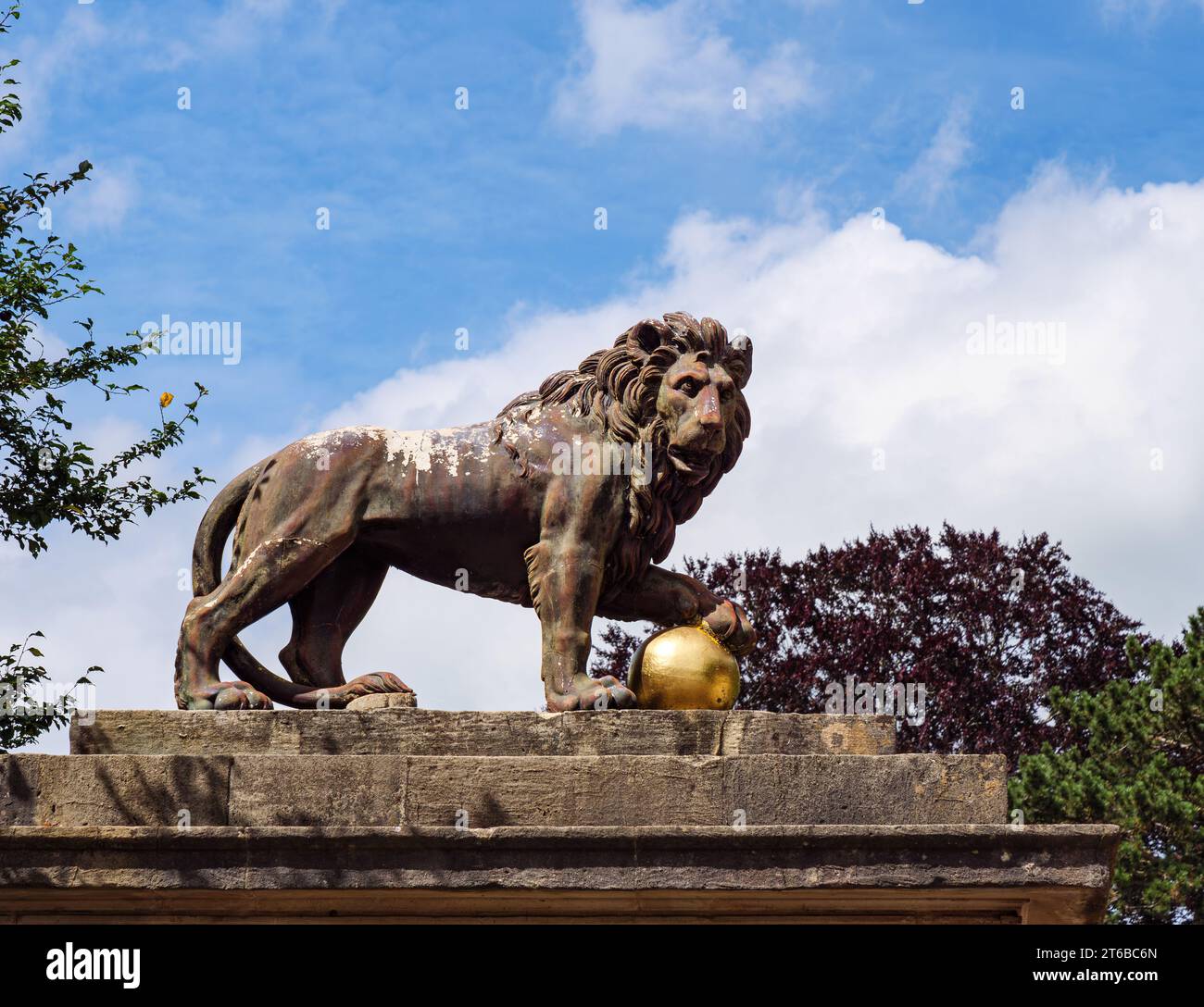 Bronze Lion statue at Victoria Park Gates Bath Somerset England UK