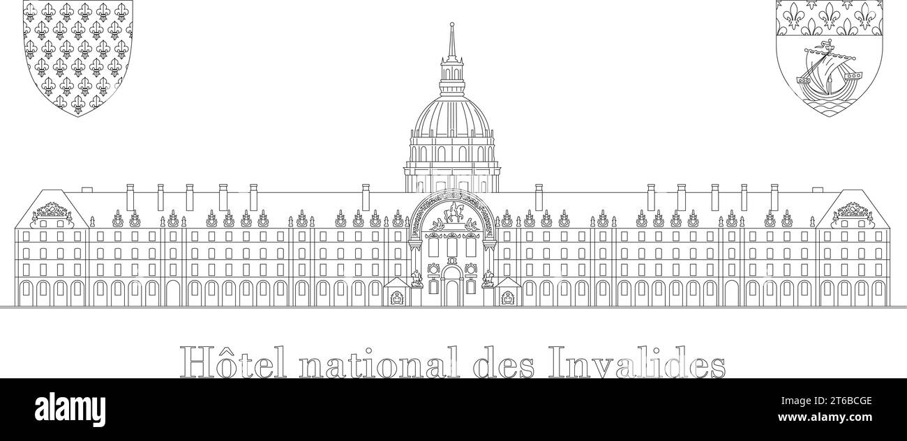 Hotel des invalides, vector drawing, silhouette, tourist place in Paris, France, black line vector illustration on white background Stock Vector